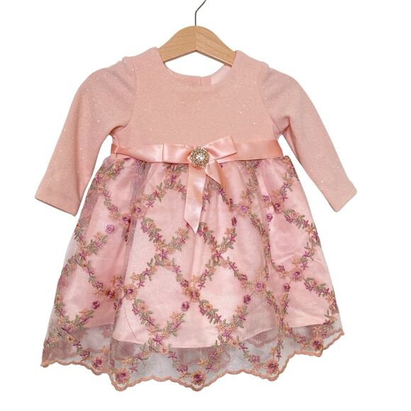 Rare Editions Baby Girls 12 M Glitter Dress Embroidered Floral  Skirt Pink Bow - Picture 1 of 12
